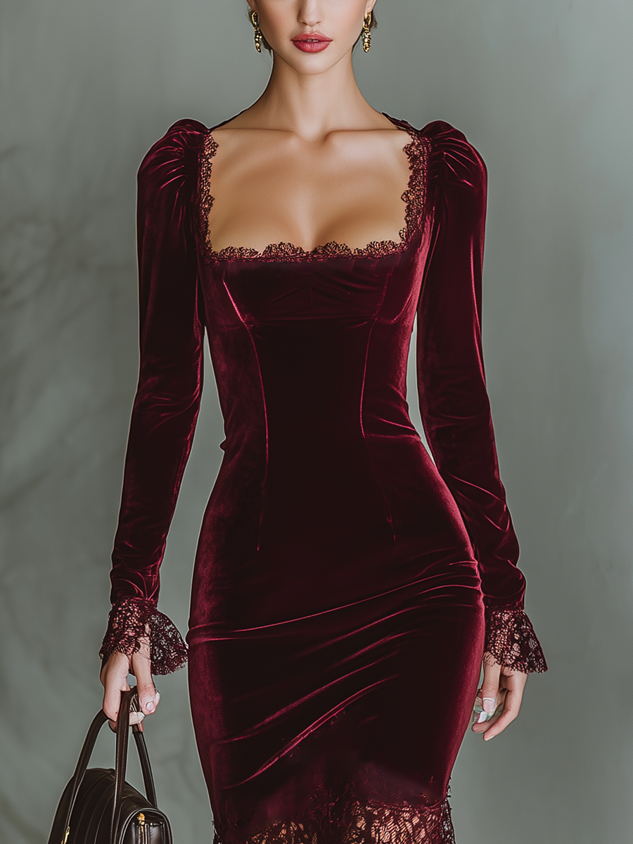 Burgundy velvet maxi dress by My Store, elegant evening dress with flowing fabric and fitted bodice, perfect for formal occasions.