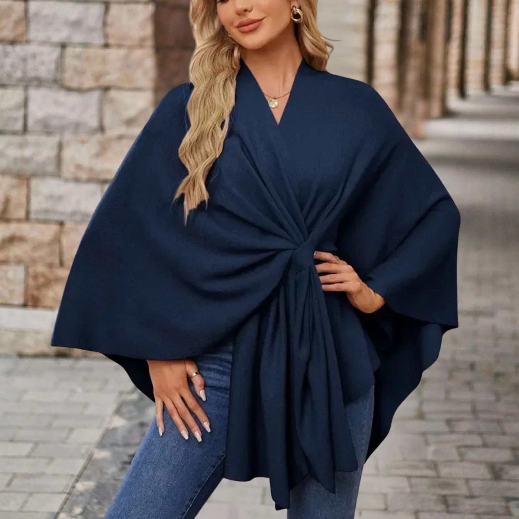 Poncho Sweater Women Draped Knot Detail Relaxed
