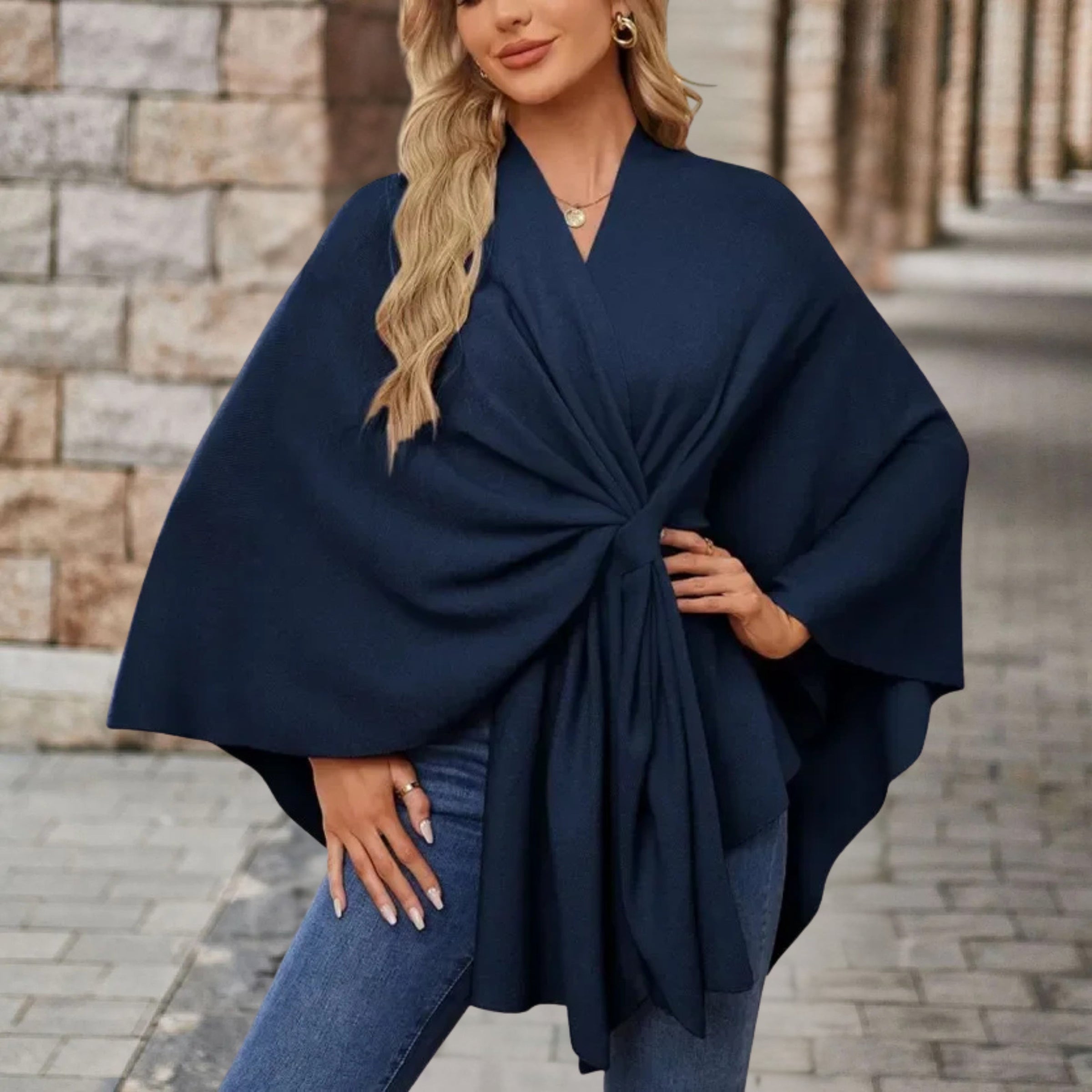 Poncho Sweater Women Draped Knot Detail Relaxed