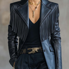 Black faux leather tassel blazer with notch lapel, stylish jacket from My Store featuring tassel details and tailored fit.