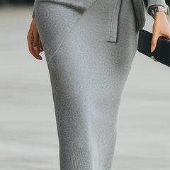 Grey knit side-tie bodycon midi dress from My Store, perfect for summer business wear, featuring a fitted silhouette and side ties.
