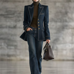 Navy topstitched denim jacket for women with front pockets and button closure, stylish casual outerwear from My Store.