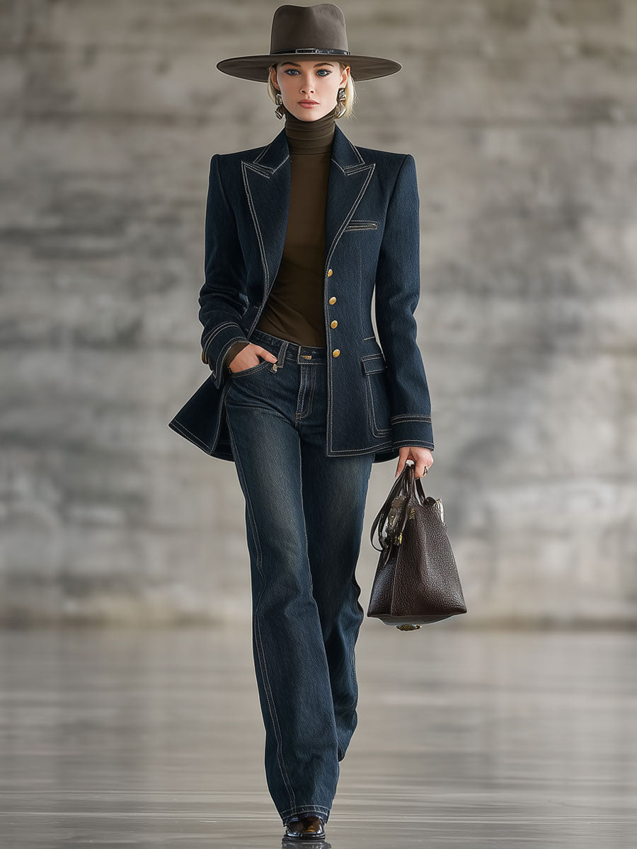 Navy topstitched denim jacket for women with front pockets and button closure, stylish casual outerwear from My Store.