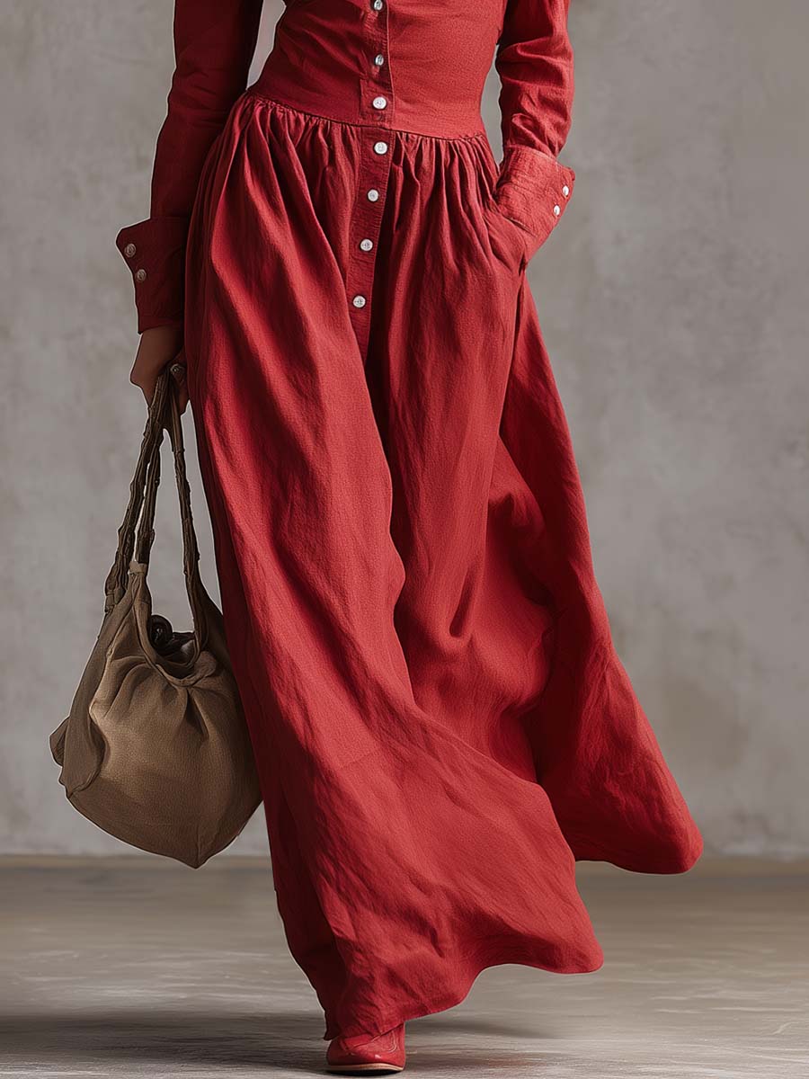Red linen maxi dress from My Store featuring a casual, flowing design perfect for relaxed summer or daytime wear.