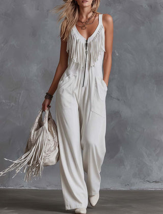 White faux suede western fringe V-neck jumpsuit for women, featuring stylish fringe details and a V-neck design.