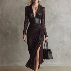 Red faux leather maxi dress from My Store, elegant evening dress with a flowing silhouette and stylish design.