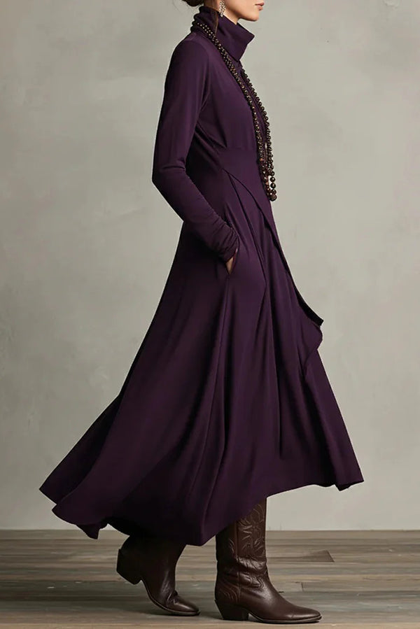 Solid color high-neck long-sleeved irregular casual maxi dress from My Store, shown in a stylish, flowing design.