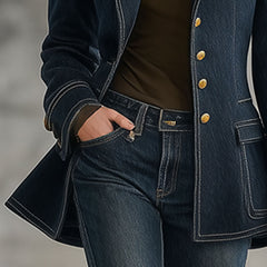 Navy topstitched denim jacket for women, stylish casual outerwear from My Store, featuring classic design and button closures.
