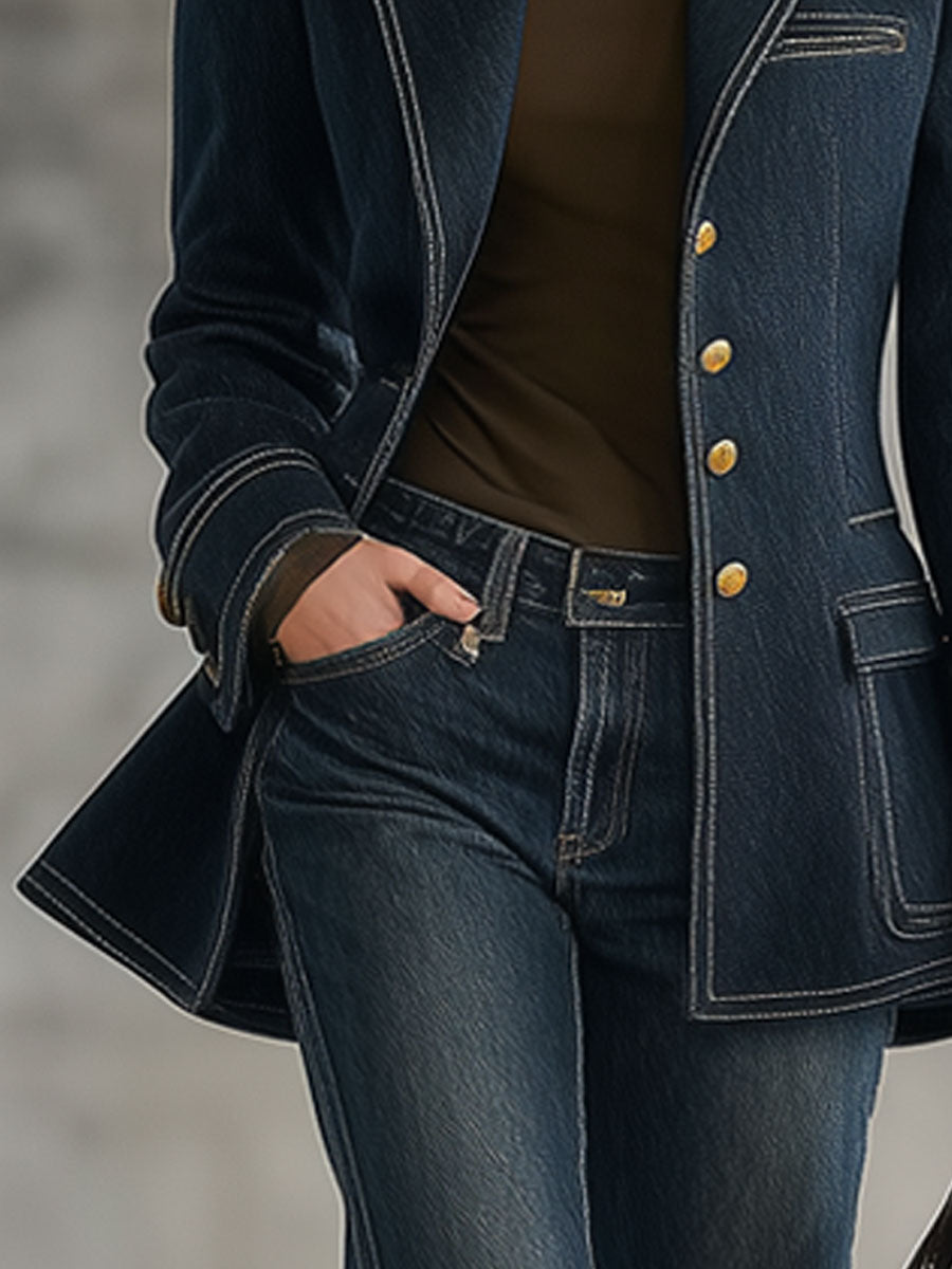 Navy topstitched denim jacket for women, stylish casual outerwear from My Store, featuring classic design and button closures.