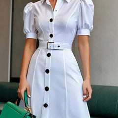 White maxi dress with puff short sleeves, belted waist, button details, and lapel collar from My Store.