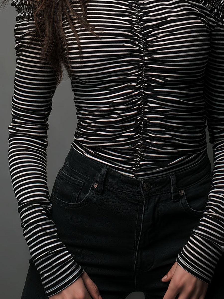 Black striped high neck cold-shoulder ruched T-shirt with long sleeves, stylish and fitted by My Store.