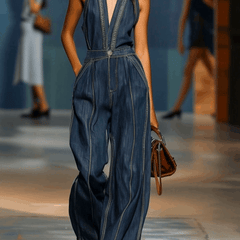 Dark blue denim sleeveless v-neck wide-leg jumpsuit for women, featuring a stylish and comfortable pant design.