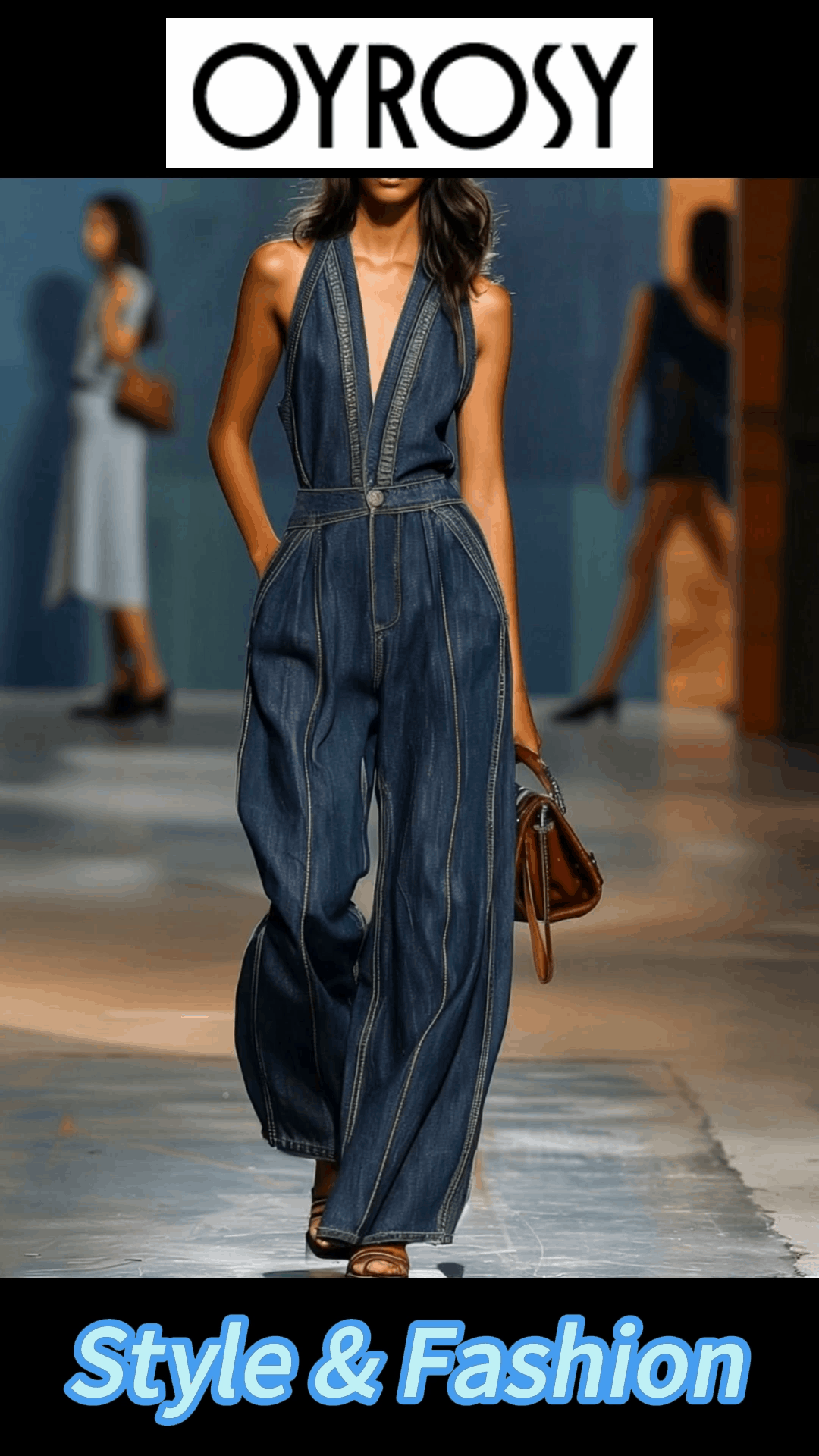 Dark blue denim sleeveless v-neck wide-leg jumpsuit for women, featuring a stylish and comfortable pant design.
