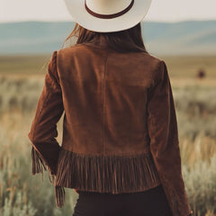 Brown suede Western tassel zip-up jacket from My Store, featuring tassel details and a stylish Western-inspired design.
