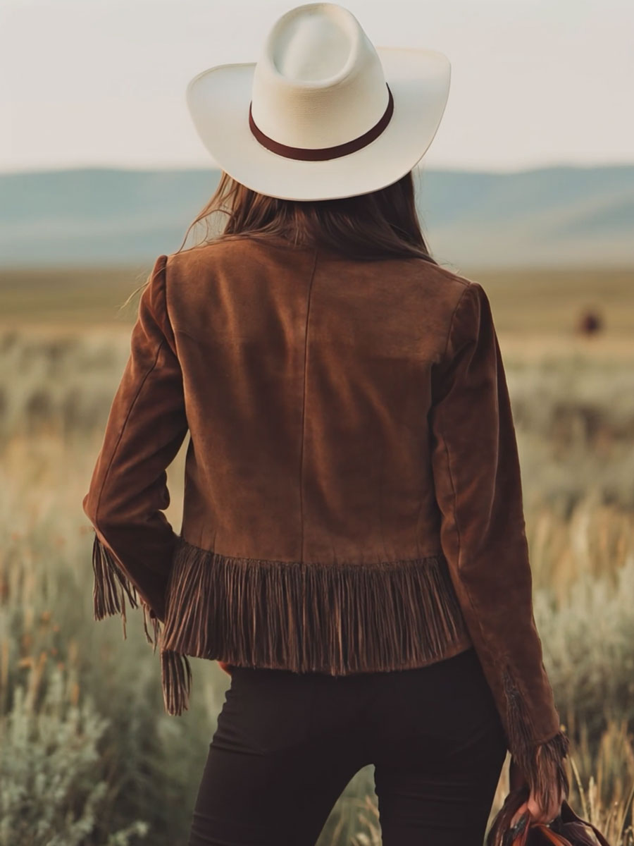 Brown suede Western tassel zip-up jacket from My Store, featuring tassel details and a stylish Western-inspired design.
