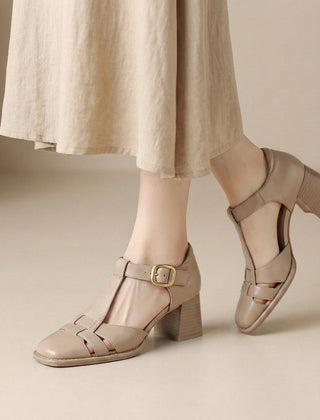 Apricot orthopedic chunky heel T-strap sandals for women with square toe, stylish and comfortable footwear by My Store.