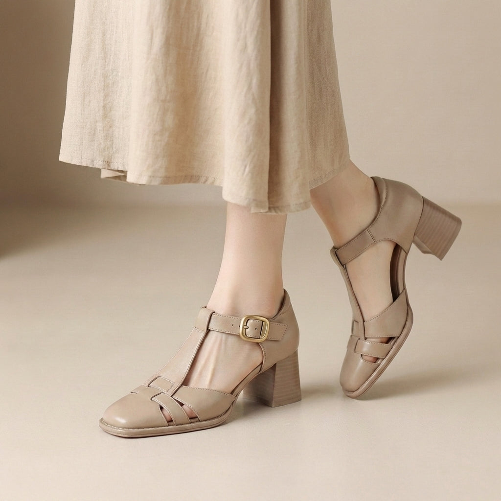 Apricot orthopedic chunky heel T-strap sandals for women with square toe, stylish and comfortable footwear by My Store.