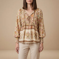 Apricot floral long sleeve linen blouse for women, lightweight summer top with a relaxed fit and feminine design.