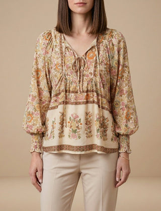 Apricot floral long sleeve linen blouse for women, lightweight summer top with a relaxed fit and feminine design.