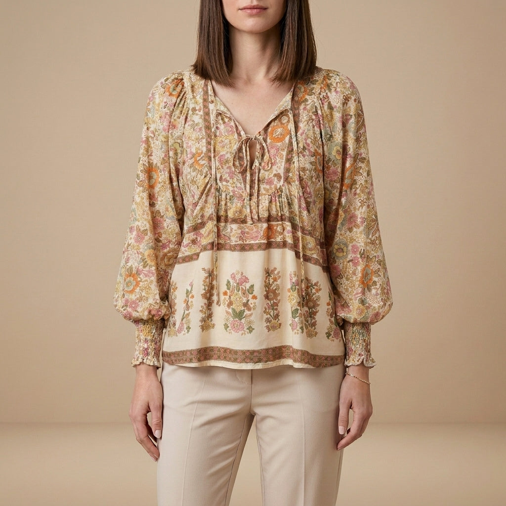 Apricot floral long sleeve linen blouse for women, lightweight summer top with a relaxed fit and feminine design.