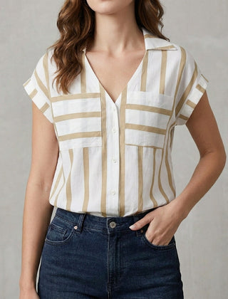 Apricot striped V-neck summer blouse for women, stylish top from My Store, perfect for warm weather and casual wear.