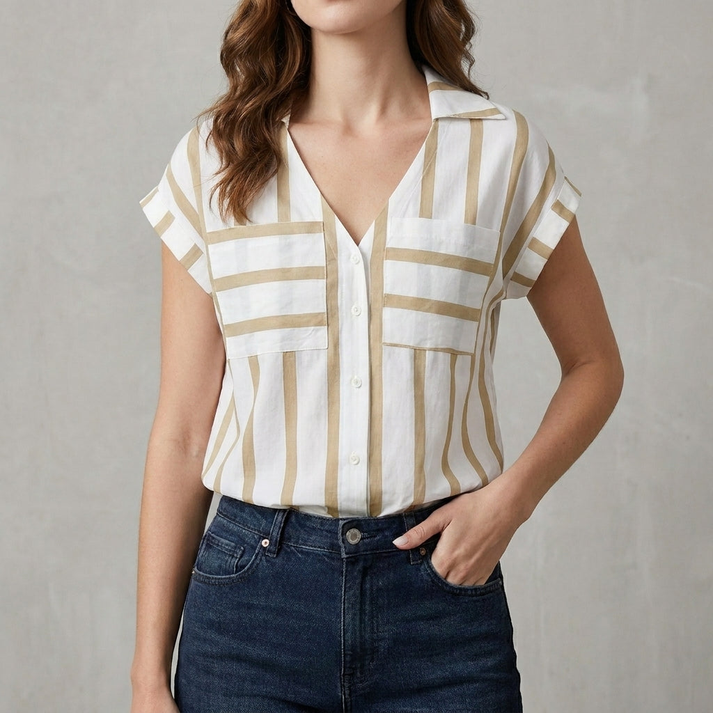 Apricot striped V-neck summer blouse for women, stylish top from My Store, perfect for warm weather and casual wear.
