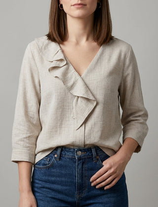 Apricot V-neck denim blouse for women with ruffle details, stylish summer top from My Store.