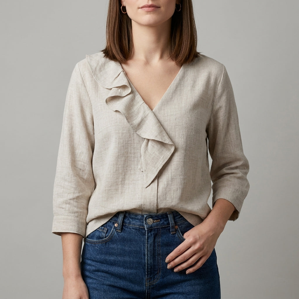 Apricot V-neck denim blouse for women with ruffle details, stylish summer top from My Store.