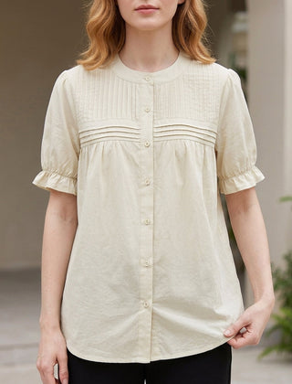 Apricot summer blouse for women with puff sleeves and denim button front, stylish women's top from My Store