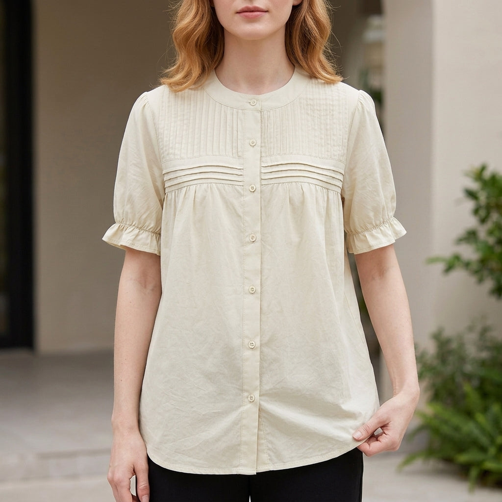 Apricot summer blouse for women with puff sleeves and denim button front, stylish women's top from My Store