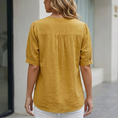 Back view of a women's summer blouse by My Store, short sleeve linen top with front pockets, casual and breathable fabric.