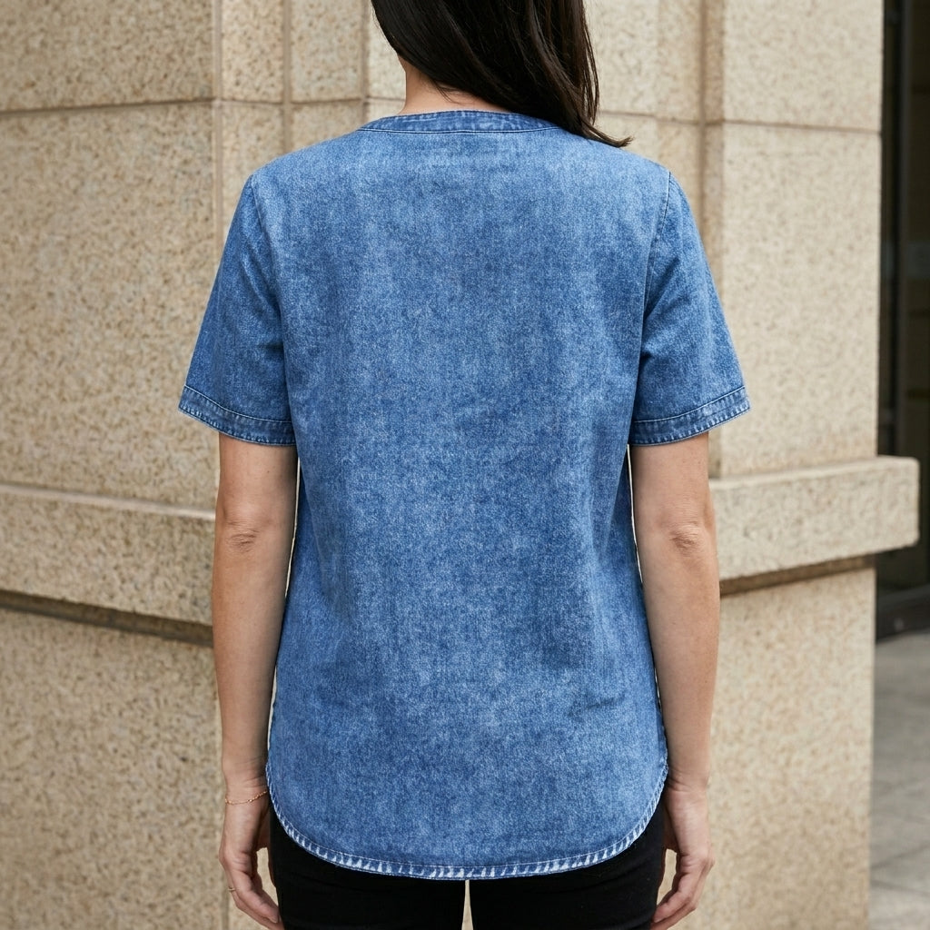 Back view of women's denim summer top with button front, casual style, from My Store.