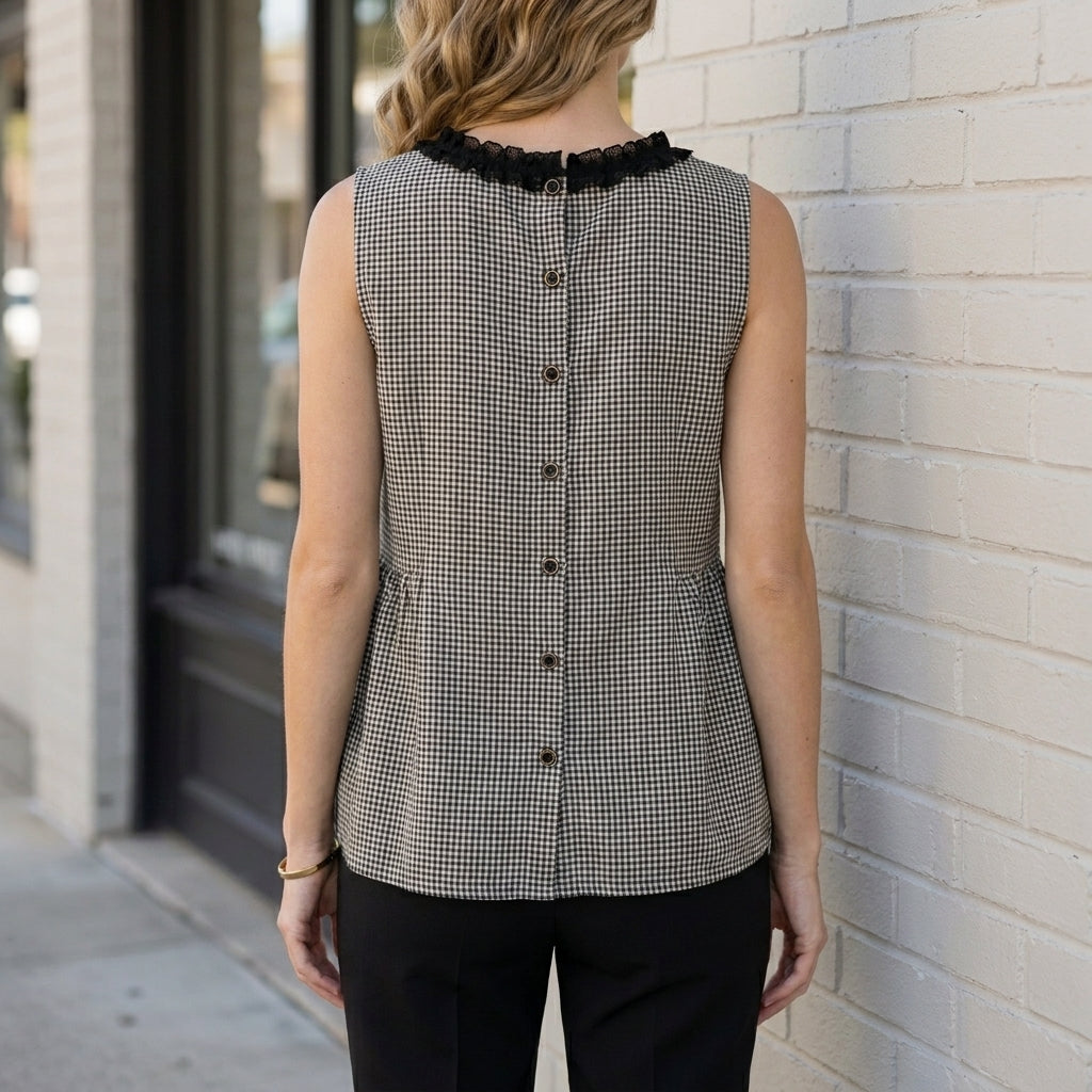 Gingham sleeveless summer blouse for women, shown from the back, stylish and lightweight top ideal for warm weather.