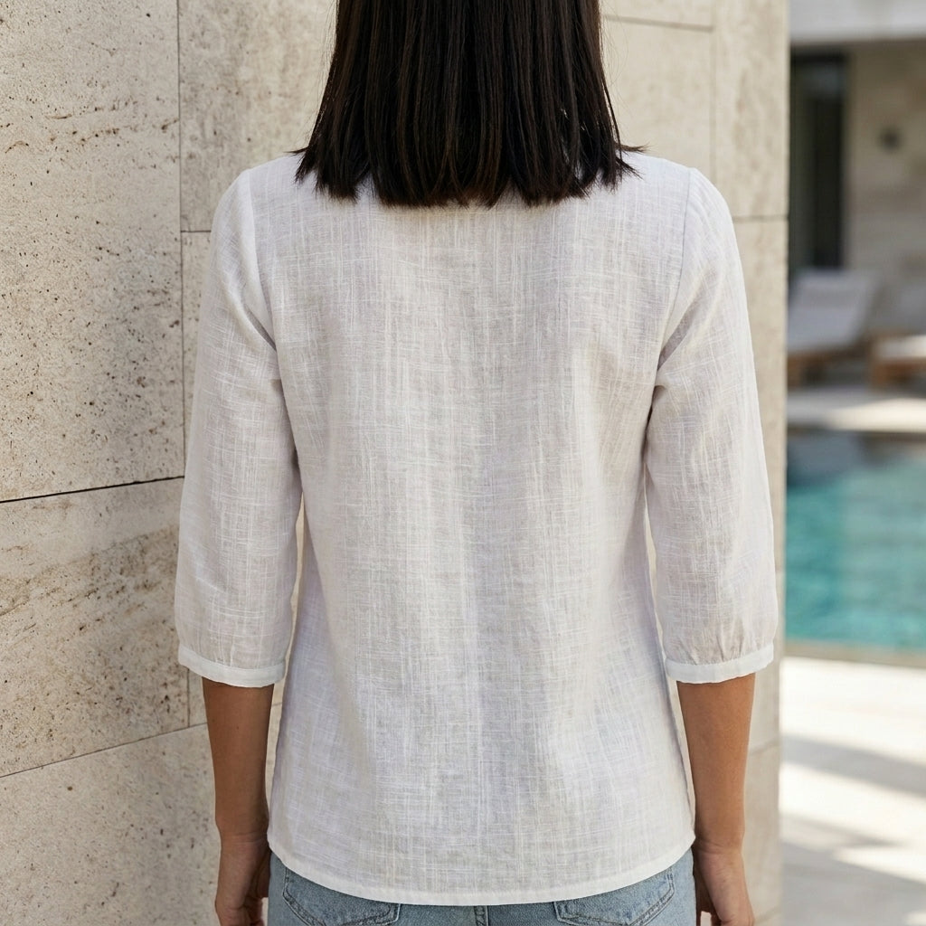 Back view of a women's summer blouse with square neckline and lace details from My Store, lightweight and stylish for warm weather.