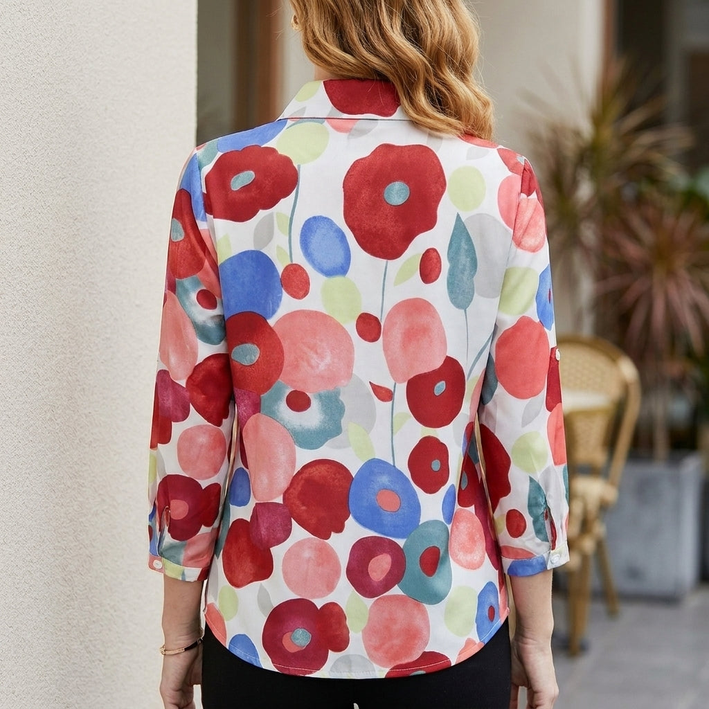 Back view of a floral long sleeve denim summer blouse for women, showcasing its relaxed fit and stylish design.