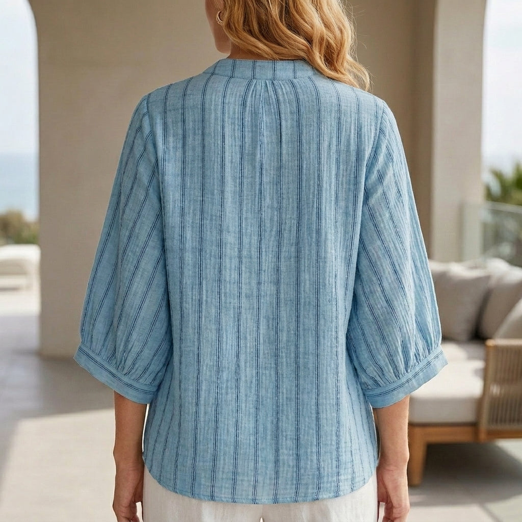 Back view of a women's striped linen summer blouse with button front by My Store, casual and breathable for warm weather.