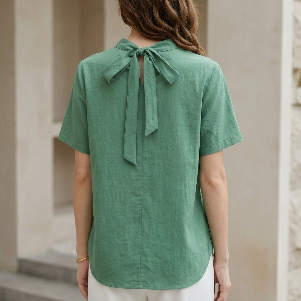 Back view of a women's high neck short sleeve summer blouse from My Store, featuring a stylish and breathable top for warm weather.