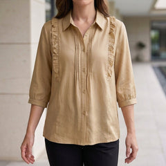 Beige summer blouse for women with ruffle details, denim fabric, stylish top from My Store's women's clothing collection.