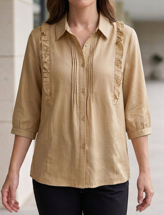 Beige summer blouse for women with ruffle details, denim fabric, stylish top from My Store's women's clothing collection.