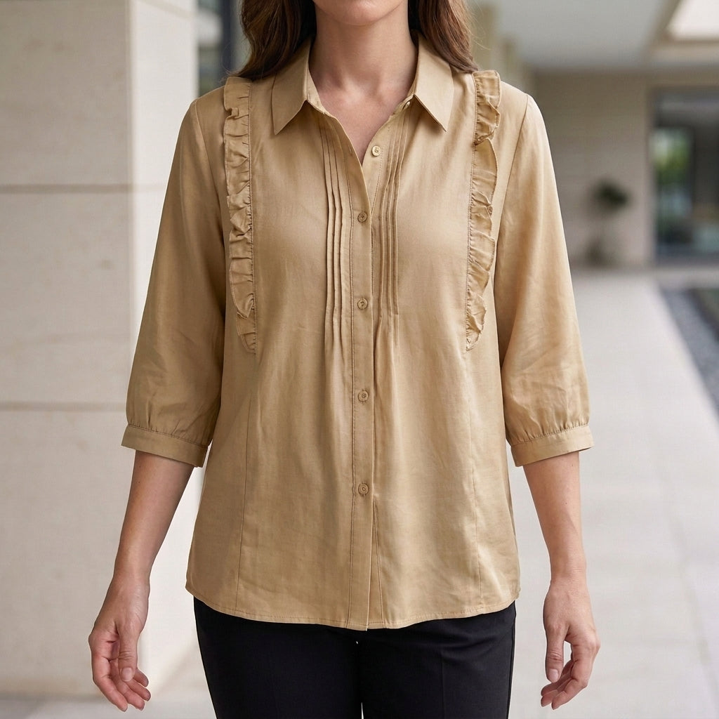 Beige summer blouse for women with ruffle details, denim fabric, stylish top from My Store's women's clothing collection.