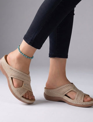 Beige orthopedic open toe wedge sandals with T-strap and rhinestones, featuring supportive design and stylish details.