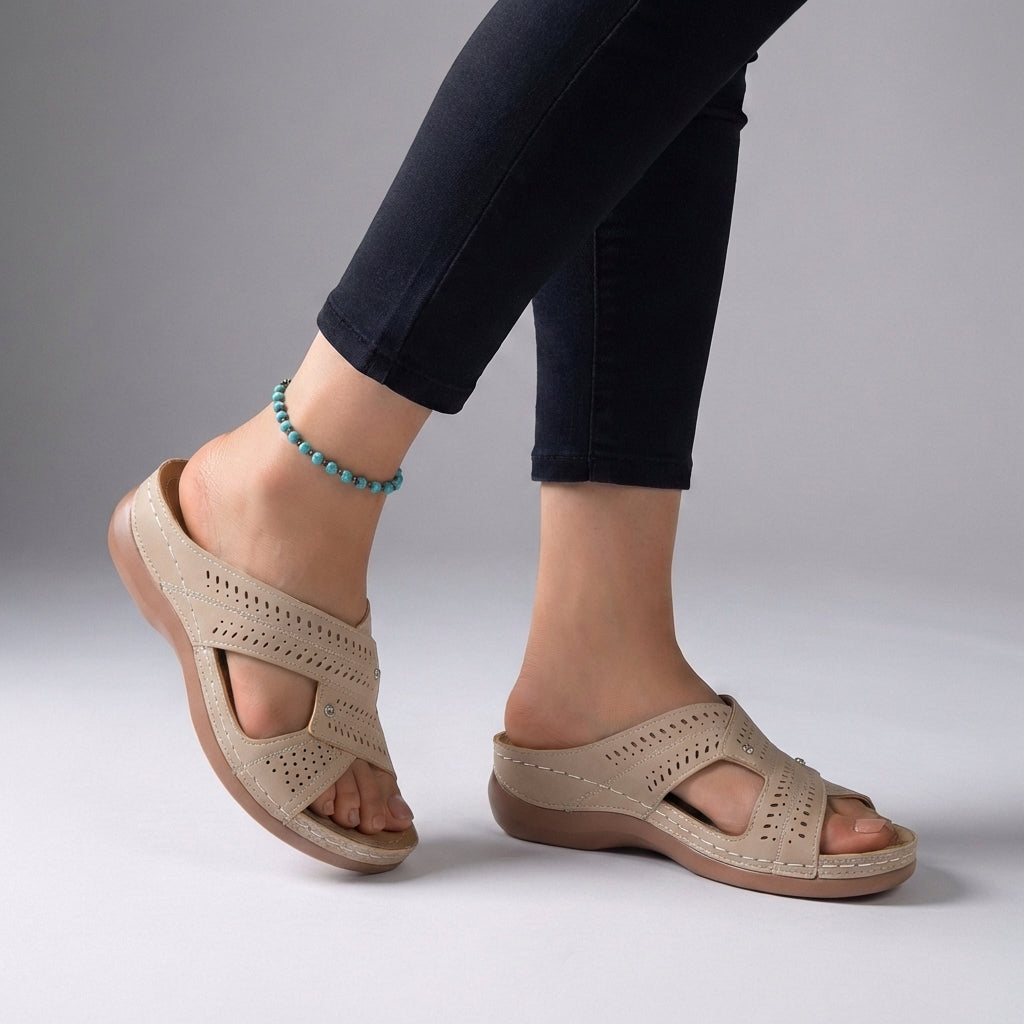 Beige orthopedic open toe wedge sandals with T-strap and rhinestones, featuring supportive design and stylish details.