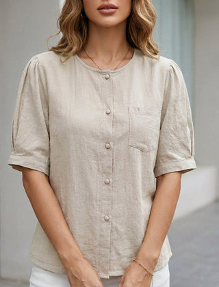 Beige women's summer blouse with short sleeves and front pockets, made of linen fabric, from My Store.