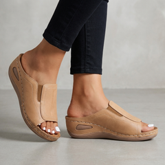 Beige orthopedic wedge open-toe slide sandals for women with supportive design and comfortable straps by My Store