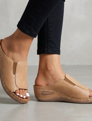Beige orthopedic wedge open-toe slide sandals for women with supportive design and comfortable straps by My Store