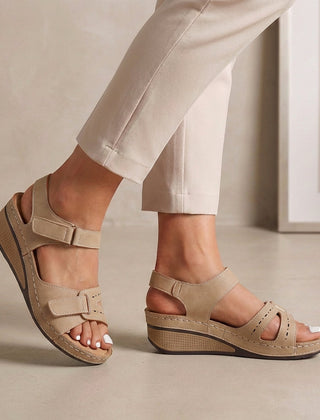 Beige Tammy Bradley open-toe wedge heel sandals for women with stylish design and comfortable fit.