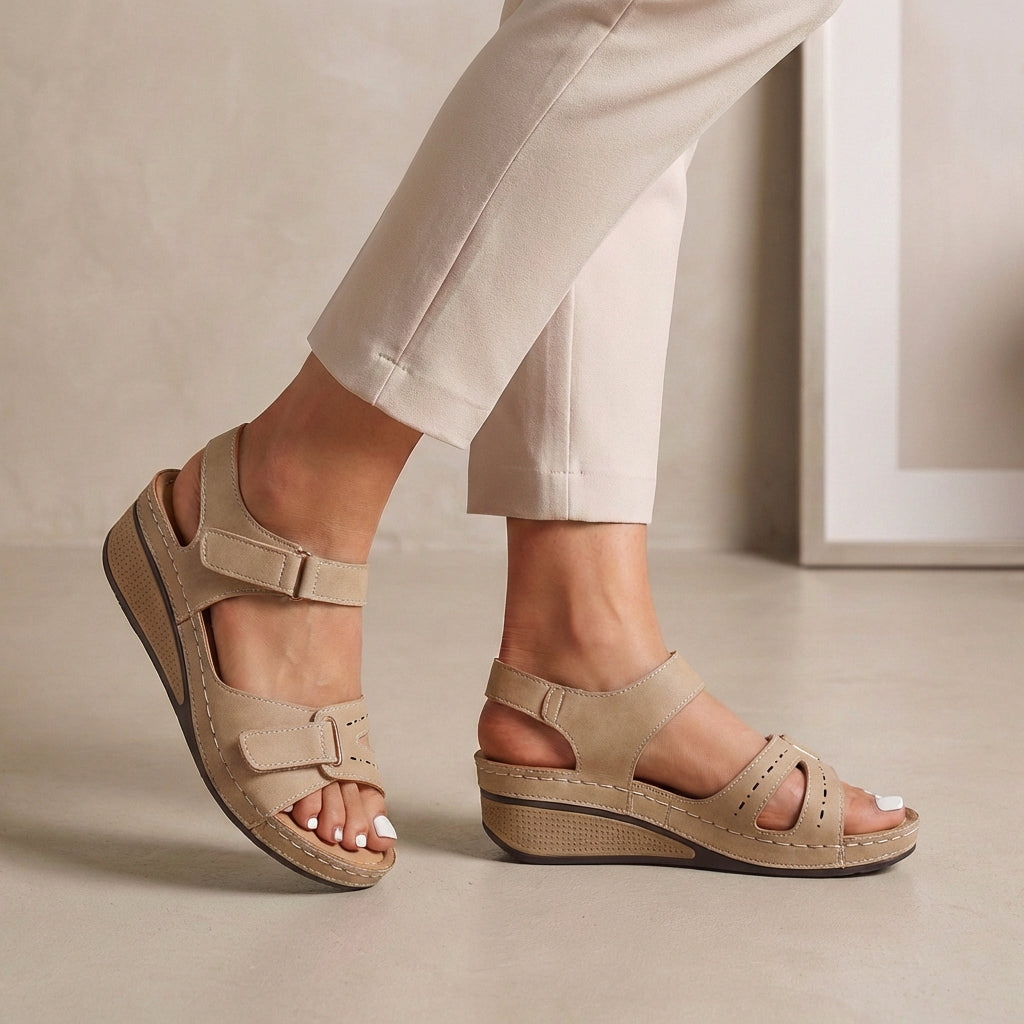 Beige Tammy Bradley open-toe wedge heel sandals for women with stylish design and comfortable fit.