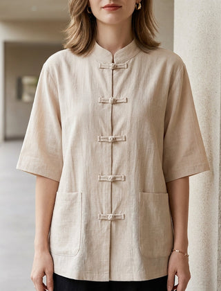 Beige women's summer blouse with denim pockets, casual top from My Store, lightweight and stylish for warm weather.