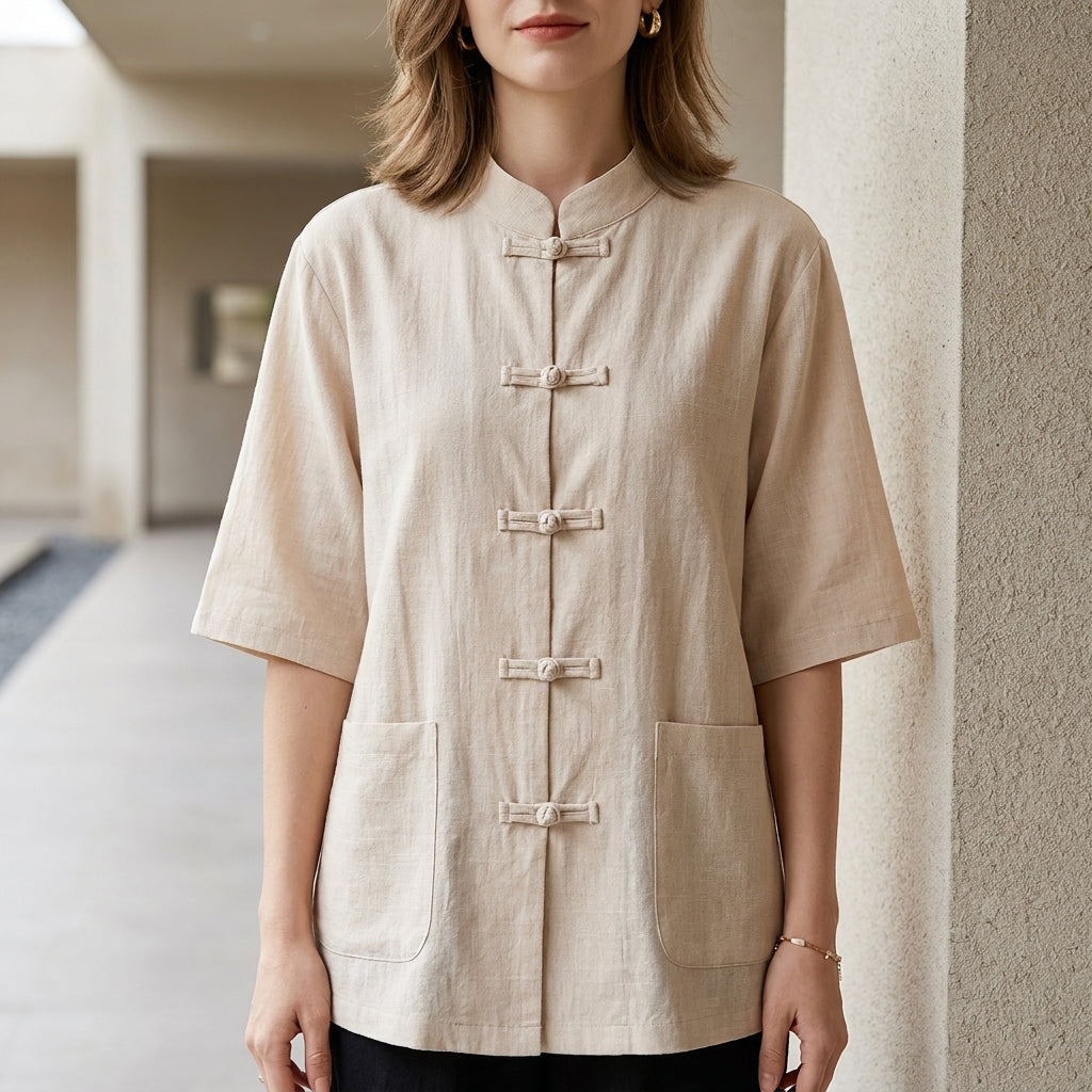 Beige women's summer blouse with denim pockets, casual top from My Store, lightweight and stylish for warm weather.