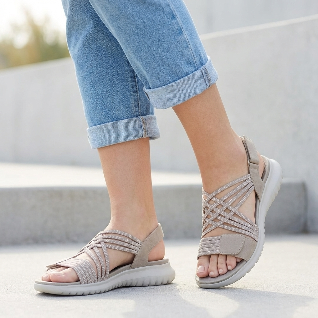 Beige orthopedic criss-cross strappy sandals for women with adjustable straps and cushioned soles.